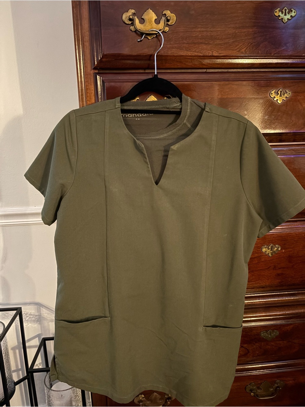Mandala Scrub Set. Olive Green Women’s Short Sleeve Notch Neck Top